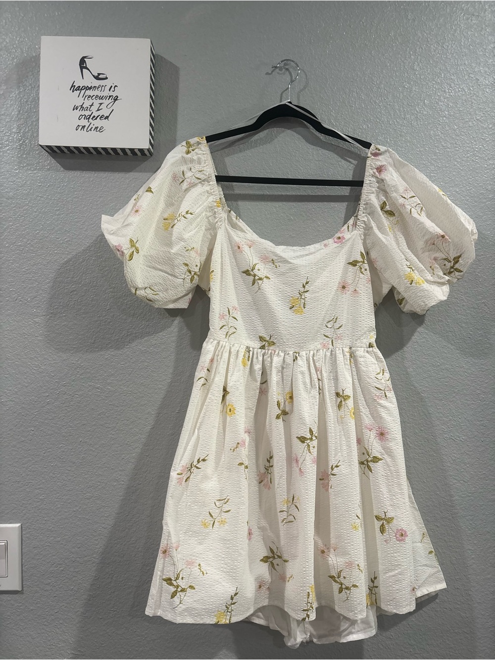 White Floral Puff Sleeve Mini Dress